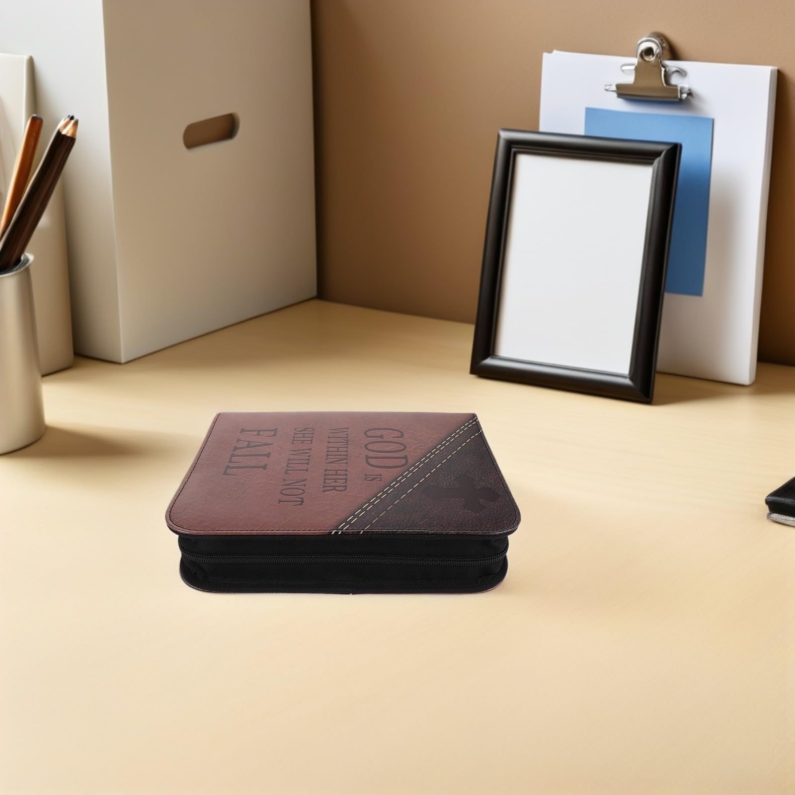 Estuche Protector Biblia Grande con Asa y Bolsillos Múltiples, Funda Resistente al Agua de Pu para Estudio Escrituras y Uso Iglesia