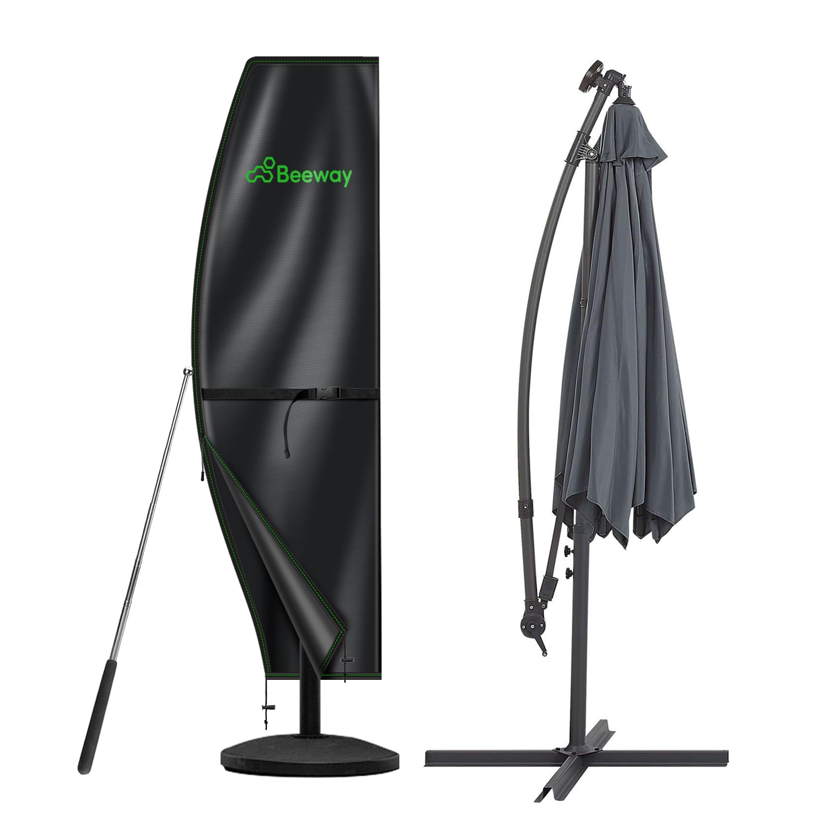 Beeway Black Garden Parasol Cover Waterproof, Outdoor Cantilever Parasol Cover With Zipper And Rod Fit For 1M To 3M Banana Patio Umbrella - 210D Oxford Fabric, Anti-Uv Windproof - 205 X 45/75/32Cm