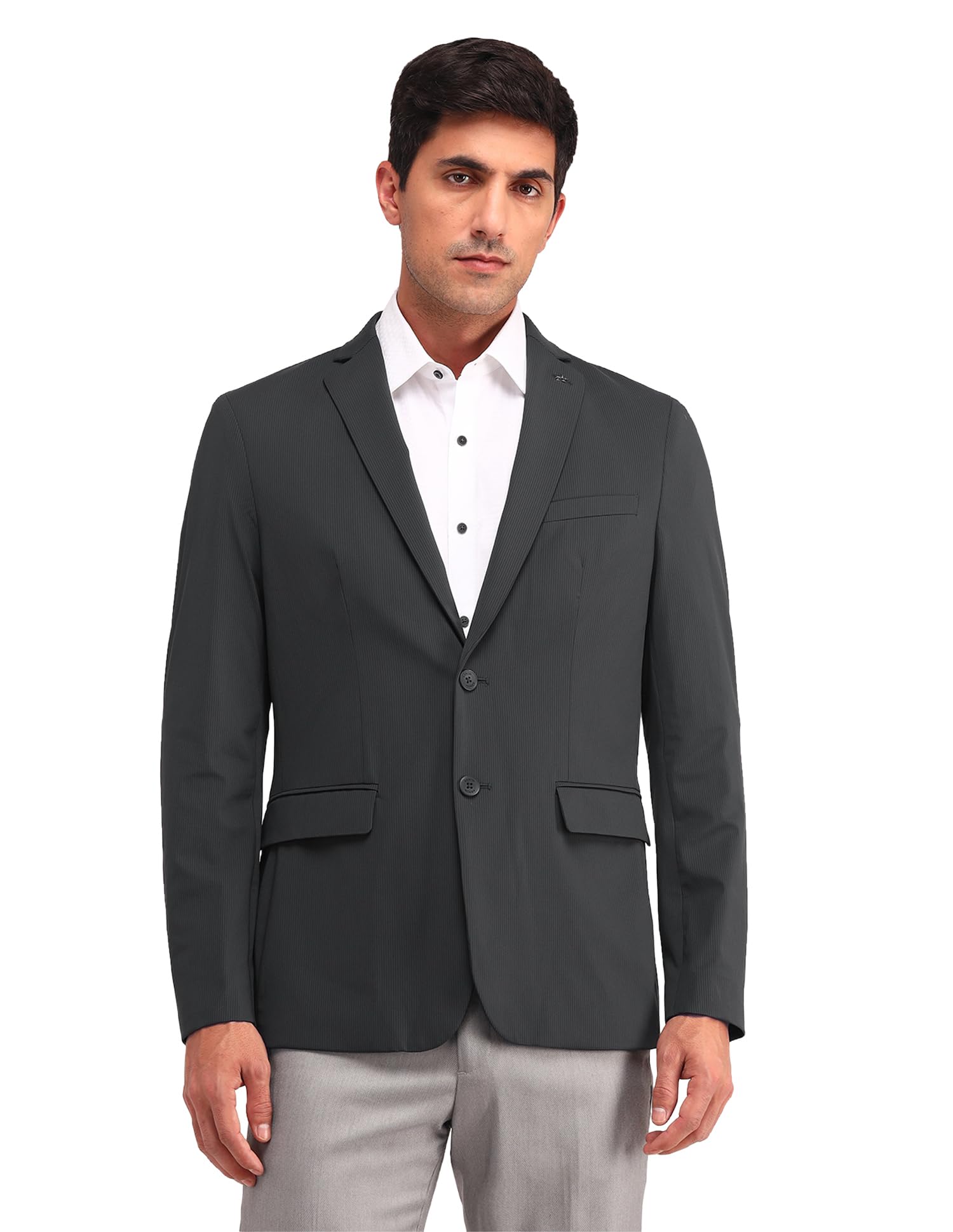 Men's Grey Striped Notch Collar Long Sleeve Formal Nylon Slim Fit Blazer-image-33