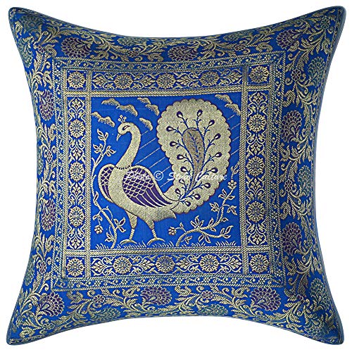 Image of Decorative Brocade Cushion Covers 16x16 Inch Banarasi Jacquard Weave Turquoise & Gold Living Room Peacock Festive Decor Square 40x40 cm Zippered Sofa Settee Pillowcases -Set of 5 Pcs