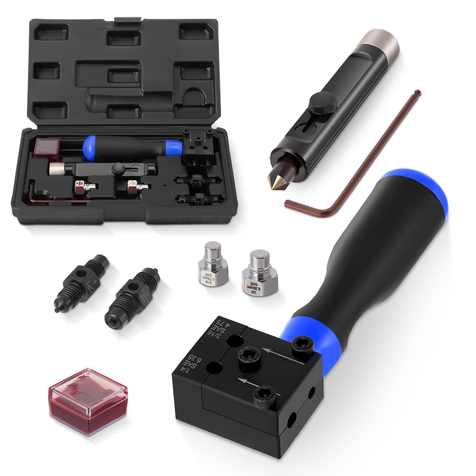 Brake Pipe Flaring Tool Kit with Tubing Deburring Tool, 3/16" SAE & 1/4" SAE, Deburring 3/16" to 1/2" Tubing, 45° Single Double Bubble Flares, Handheld Double Brake Flaring Tool, Flaring Brake Lines