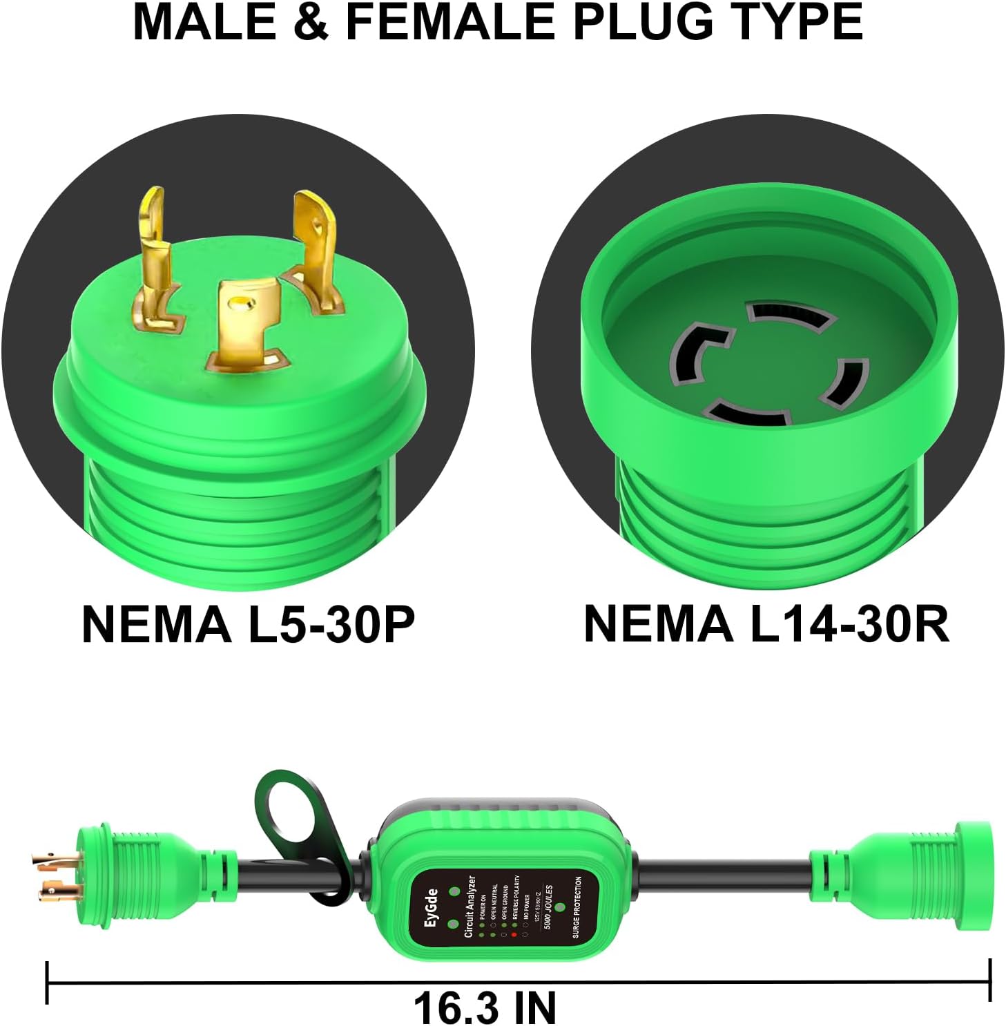 EyGde 3 Prong to 4 Prong 30Amp Twist Lock Adapter, RV/Generator NEMA L5-30P to L14-30R, 5000J Surge Protector with Circuit Analyzer, Extension Cord with LED Indicator for Trailer Campers