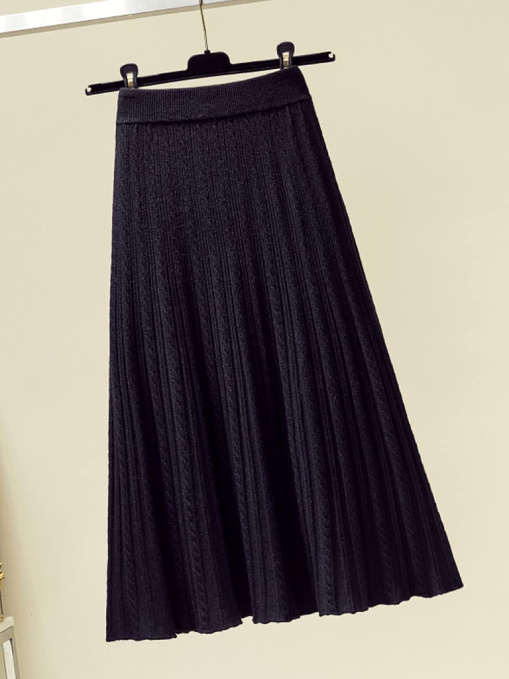 Faldas para Mujer Cintura Elástica,Faldas De Punto Acanaladas para Mujer Falda De Invierno A Cuadros Vintage Elástica para Mujer Falda De Talle Alto Faldas Plis(Black)