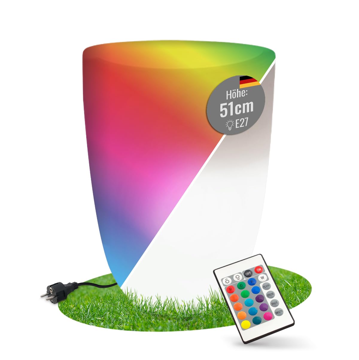 8 seasons Design LED Pflanzkübel mit Farbwechsel, 39 x 51 cm, Shining Curvy Pot M (weiß) E27, RGB, dimmbar, Fernbedienung – wetterfest – beleuchteter Blumentopf für außen (Garten, Terrasse) und innen