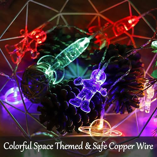 Miniatura 2 de Guirnalda de 30 luces LED para habitación de niños de 16.4 pies, astronauta, nave espacial, cohete, luces temáticas de vacaciones para guardería,