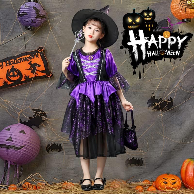 Miniatura 6 de Disfraz de bruja para niñas vestido de bruja morado para niños lindo juego de bruja con sombrero de bruja y bolso para fiesta de Halloween y cosplay
