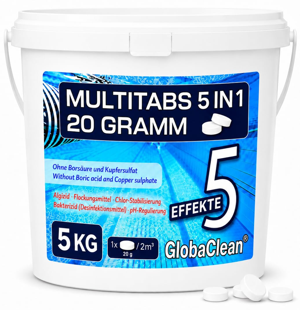Multitabs für Pool 5 in 1 – 20g (5kg) - Hochwirksame Chlortabletten für Pool – Langzeit Chlor Tabs zur Algenbekämpfung & Flockung - Für kristallklares Wasser