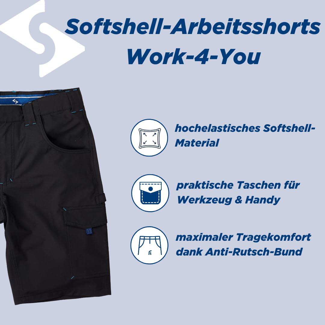 Scheibler Workwear – Pantaloncini softshell da uomo – Pantaloni da lavoro altamente elastici per l'estate – Pantaloni corti softshell con cintura flessibile, elastico in vita e molte tasche –