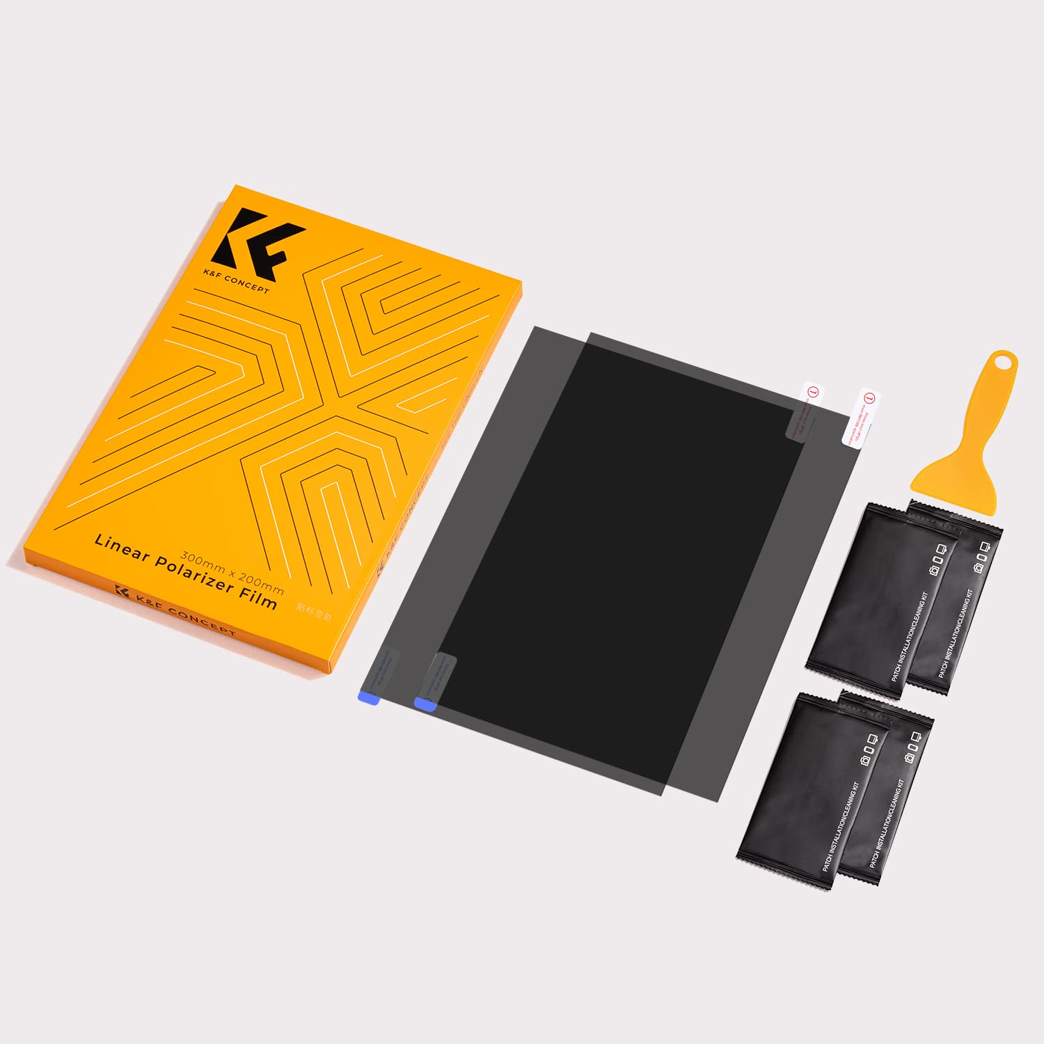 K&F CONCEPT 2 Pièces Filtre Polarisant, 300 x 200 x 0,2 mm, Feuille linéaire 90 Degré, Film Protection Auto-adhésif avec Raclette et 4 Sachets de Lingettes Sec