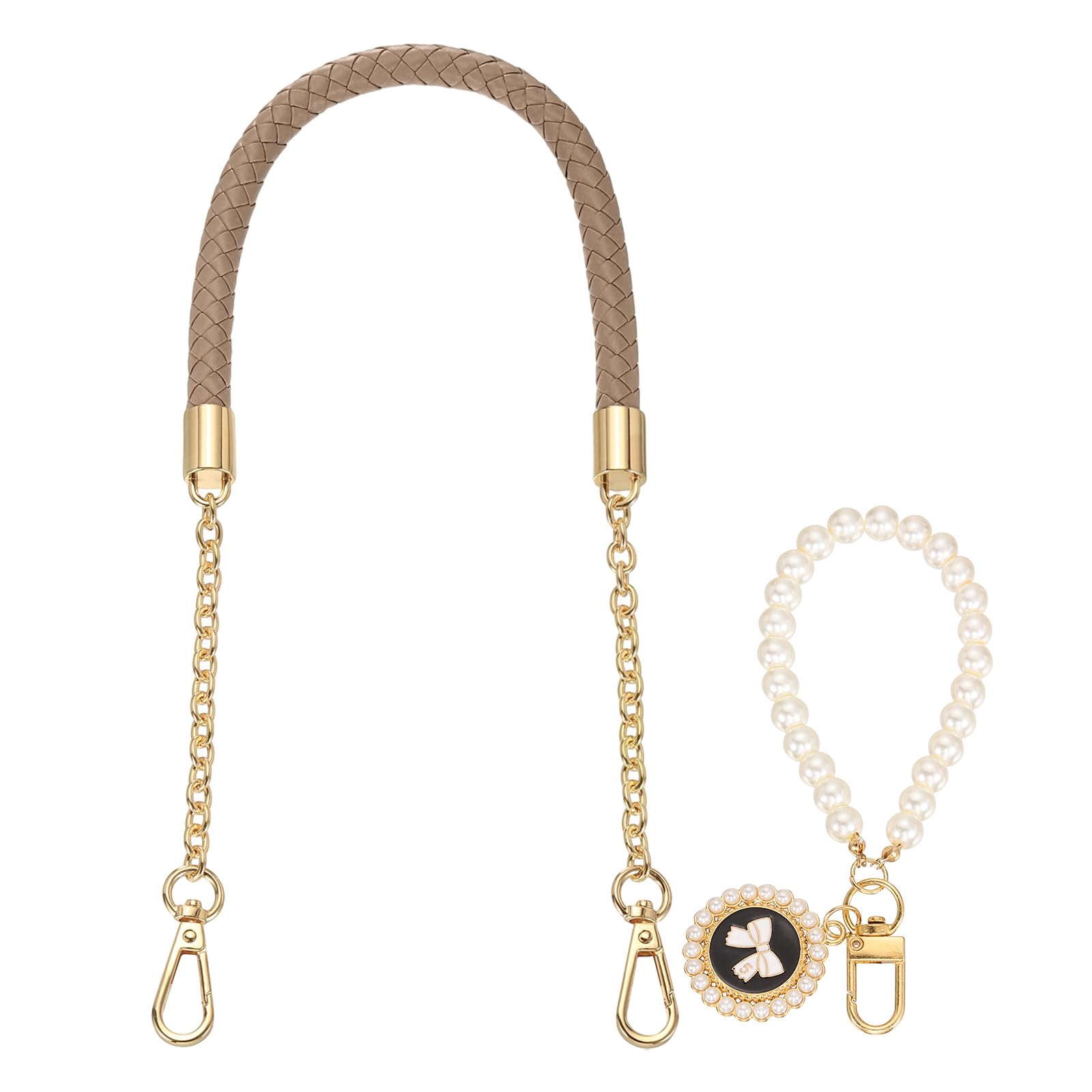 sourcing map PU Leather Chain Purse Strap, 24.4 Inch Braided Purse Handle Replacement with Pearl Pendant for Handbags Underarm Bag Tote (Taupe, Light Gold Buckle)
