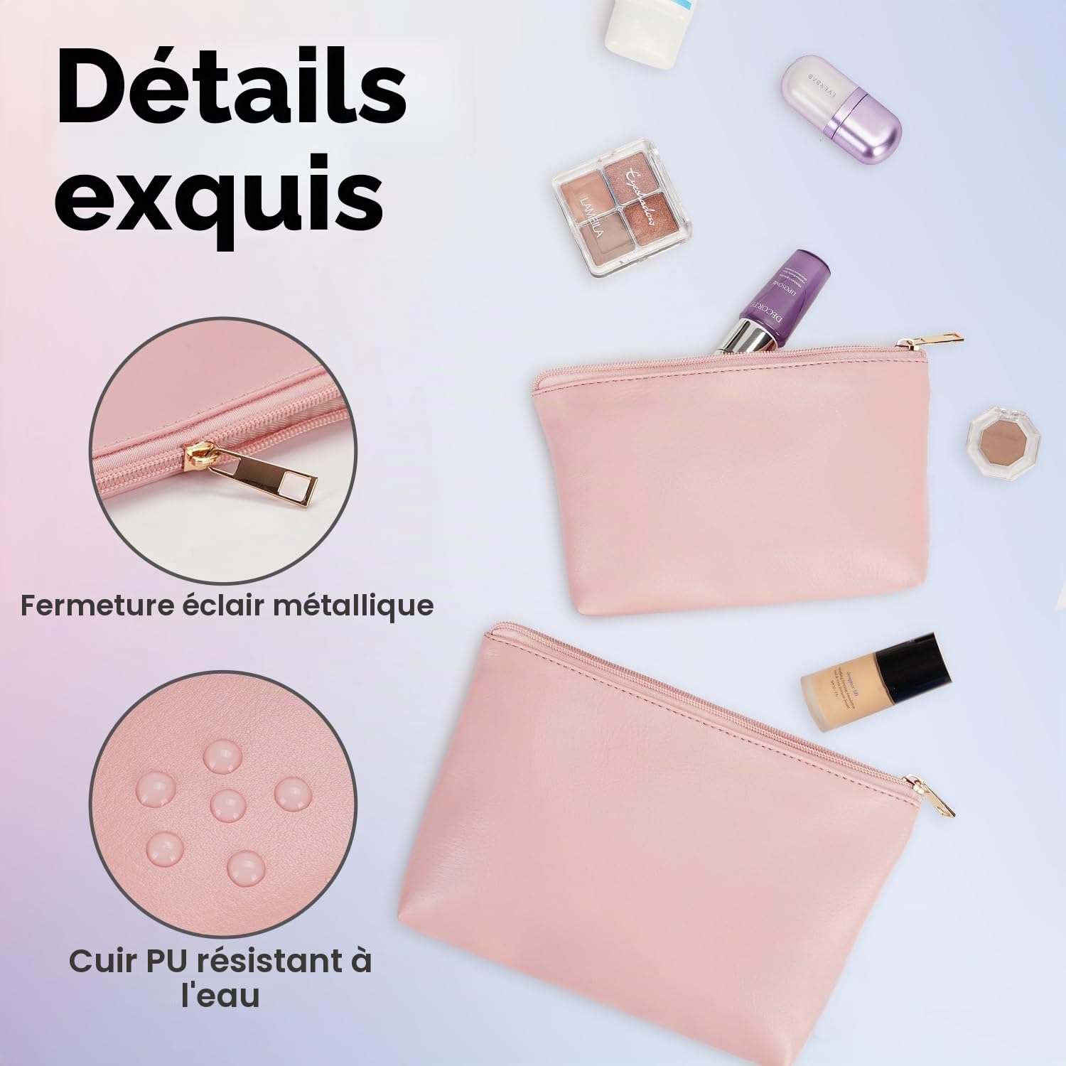 2 Pièces Trousse de Maquillage en Cuir, Sac à Cosmétiques Voyage | Lot de 2 pochettes pour voyage, travail, sac à main et retouches