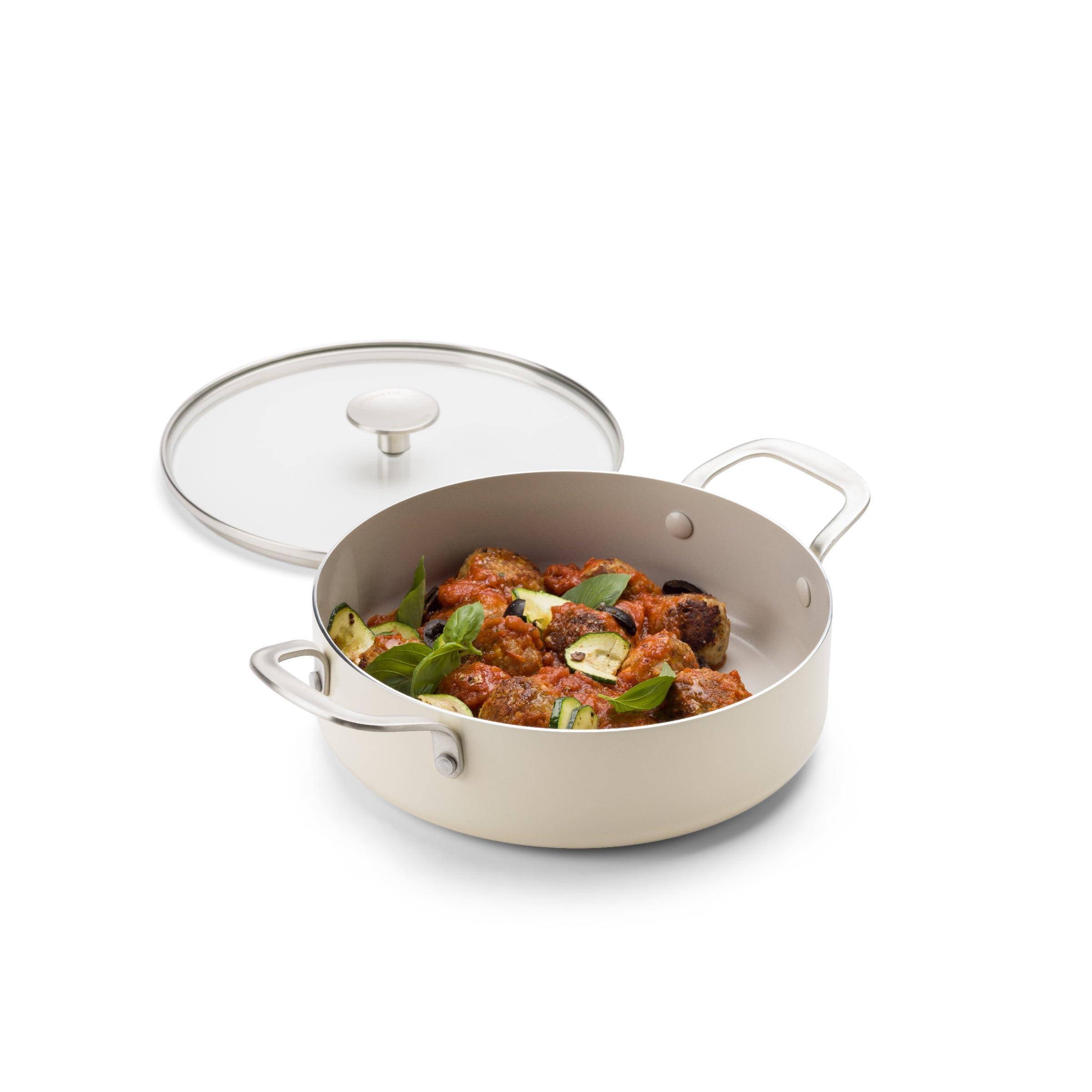 KitchenAid Aluminium Tegame Ceramica Antiaderente con Coperchio Vetro e Manico Ausiliario, 28 cm/4,28 L, Senza PFAS, Induzione, Manico Acciaio Inox, Forno, Lavastoviglie, Crema