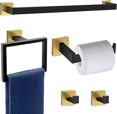 Juego de barras para toallas de 5 piezas en negro y dorado - Accesorios de baño dorados y negros con 2 ganchos para toallas, juego de barras para