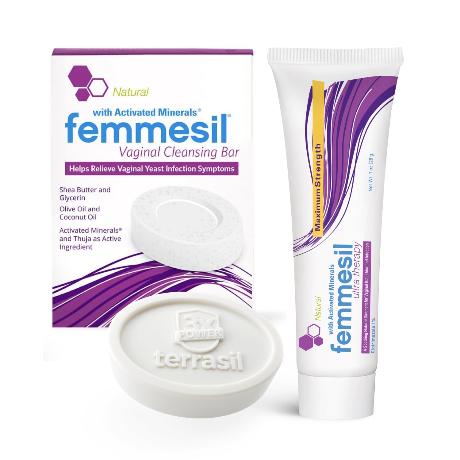 terrasil Femmesil Ointment, Vaginal Yeast Infection Treatment for Women + Vaginal Soap Bar 2-Product Kit, Featuring 1% Clotrimazole to Relieve Feminine Itch & Irritation (1oz Tube & 75g Soap)