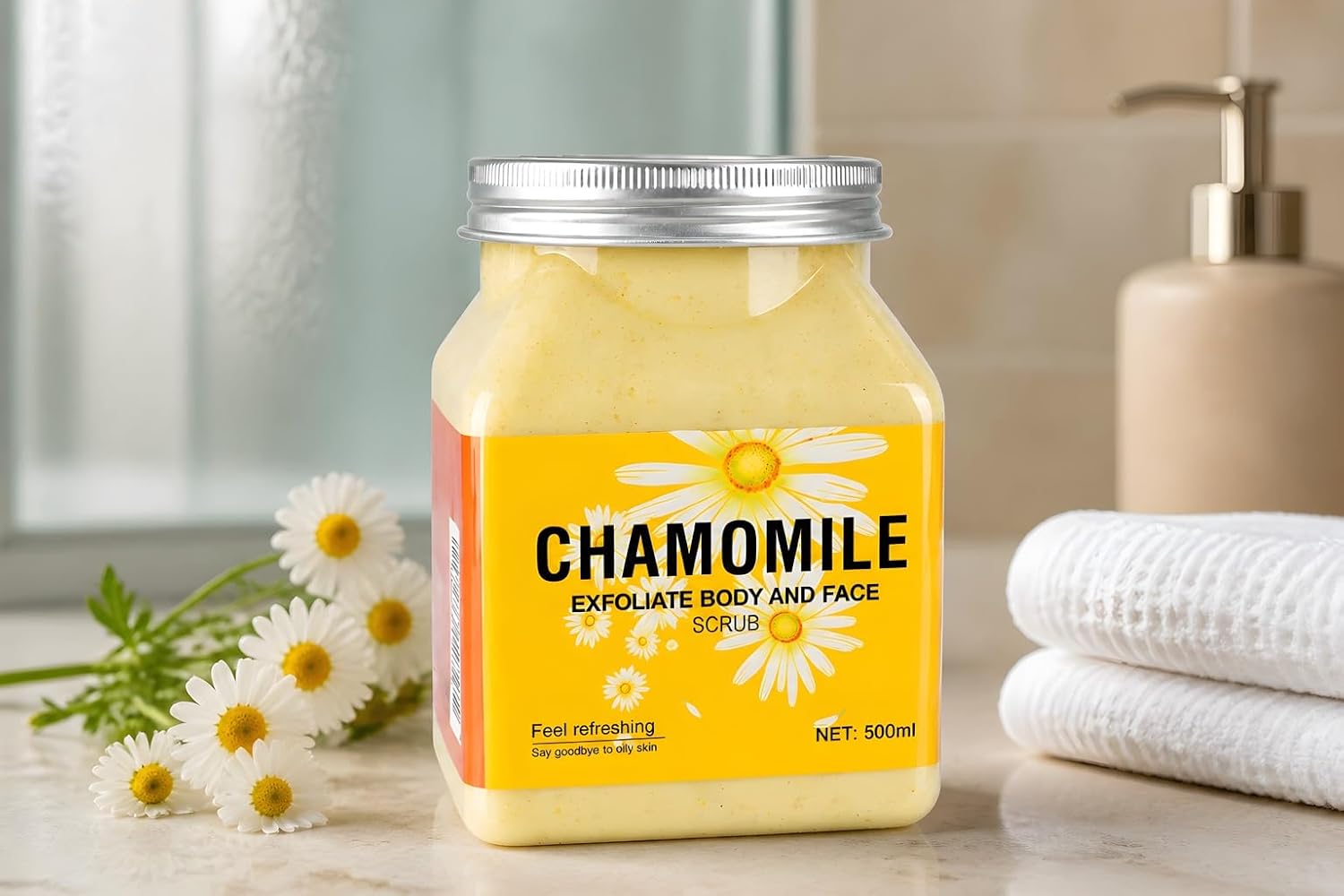 Chamomile Exfoliate Body and Face Scrub, 500ml Jar | Physical Exfoliant, Oily Skin Treatment, Scrub Form