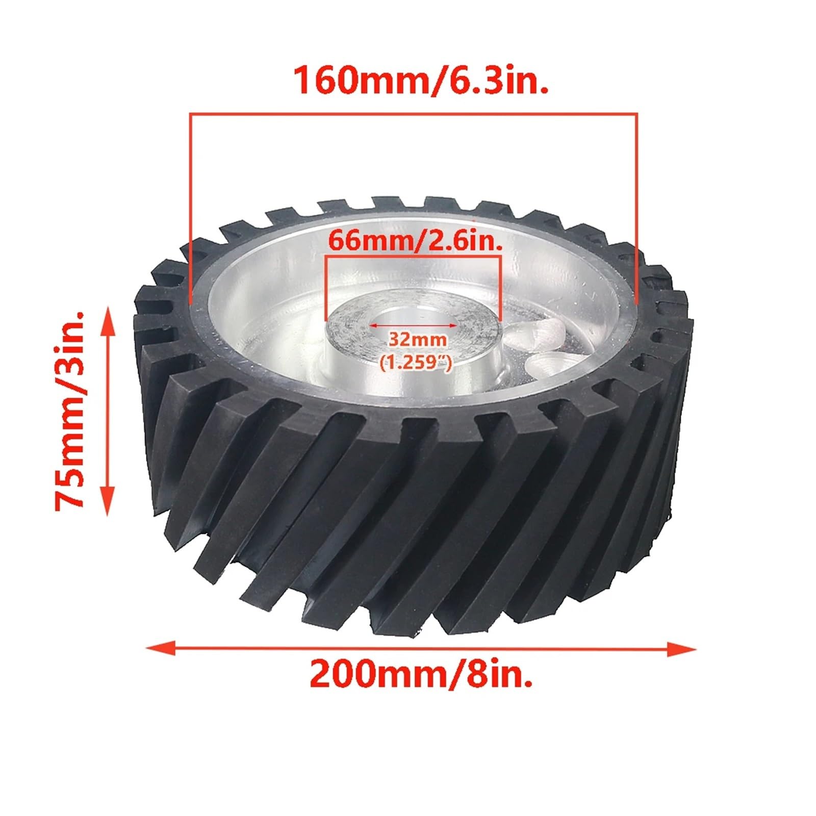 Roue de contact en caoutchouc dentelée 200 x 75 mm, équilibrée dynamiquement, for ponceuse à bande(6004 installed 20,Medium 70A)