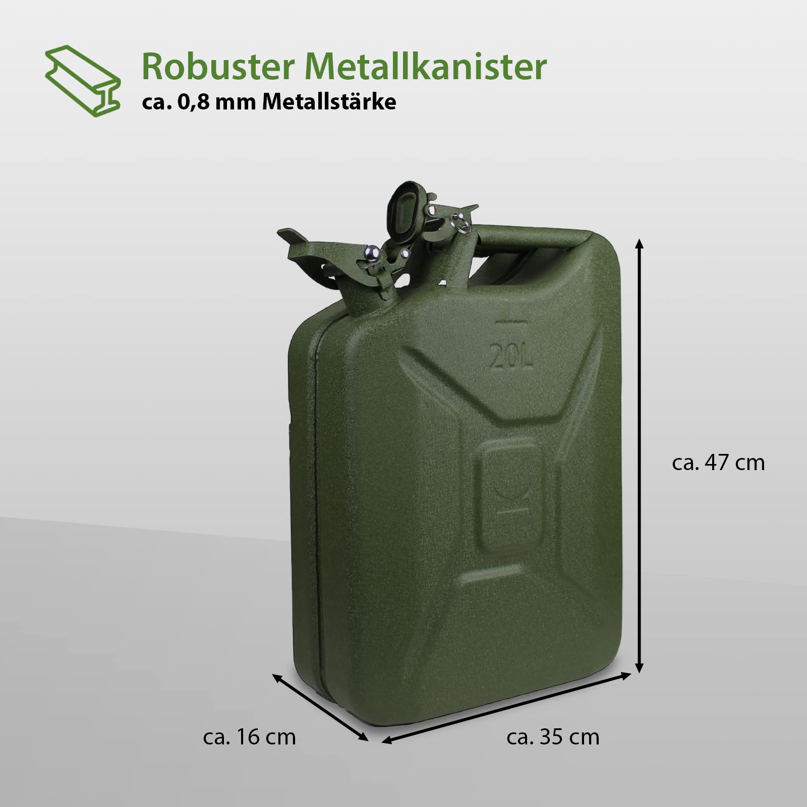TRUTZHOLM Kraftstoffkanister Benzin und Diesel 20 Liter kratzfeste olivfarbene Hammerschlagbeschichtung inkl. Ausgießer mit Halter Metallkanister Dieselkanister Benzinkanister UN-Zulassung (3)