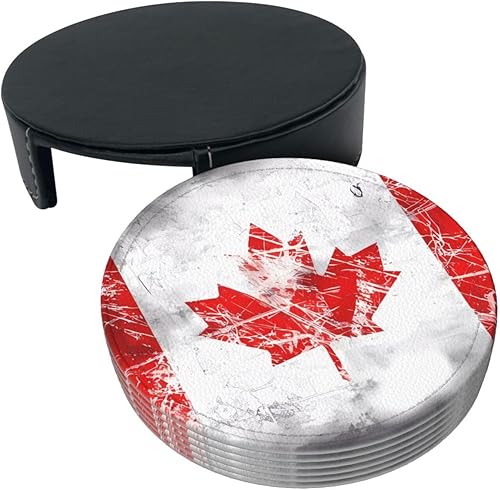 Miniatura 3 de Drink Coasters Set of 6, Retro Canada Flag Printed PU Leather Round Coaster with Holder for Outdoor, Office, Bar, Funny Heat-Resistant Home Desk