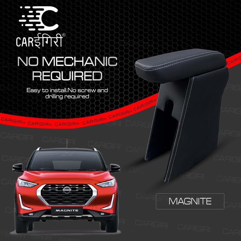 Image of Carigiri Premium Finish Car Armrest with Storage Box And High Density Moulded Foam For Nissan Magnite (Models-2020-2025) (White Seam,Nappa Leatherette)