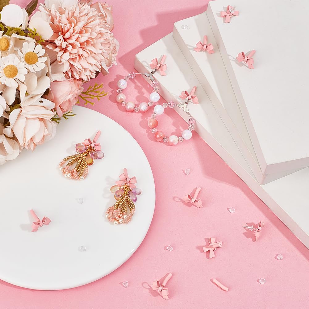 1 Box 40Pcs Bow Earrings Findings Earring Post with Loop Pearl Pink Small Bowknot Tie Ear Nuts 925 Sterling Silver Pin Alloy Earring Studs for Jewelry Making Earrings Supplies DIY Crafting - Image 3