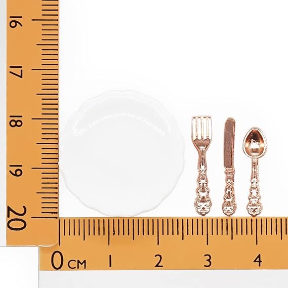 Odoria 1/12 Miniature Plates and Silverware Set Dollhouse Accessories, Copper