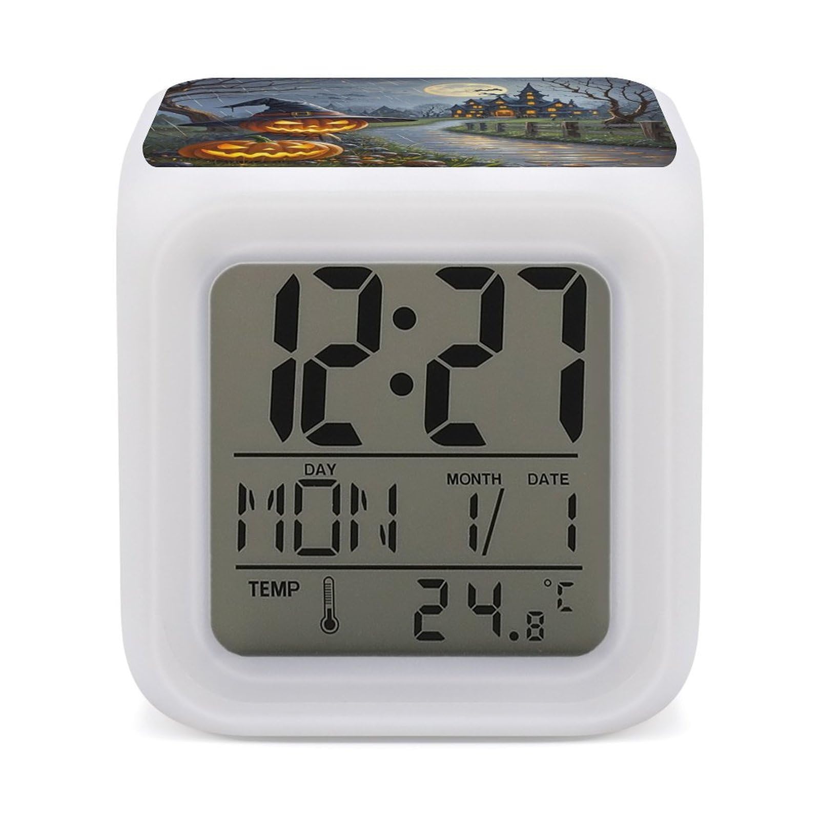 LZQPOEAS Smiling Strange Pumpkin Lantern Alarm Clock Desk Clock with 7 Color Changing Night Light Digital Clocks with Temperature Display Sleep Training and Sound Machine for Heavy Sleeper