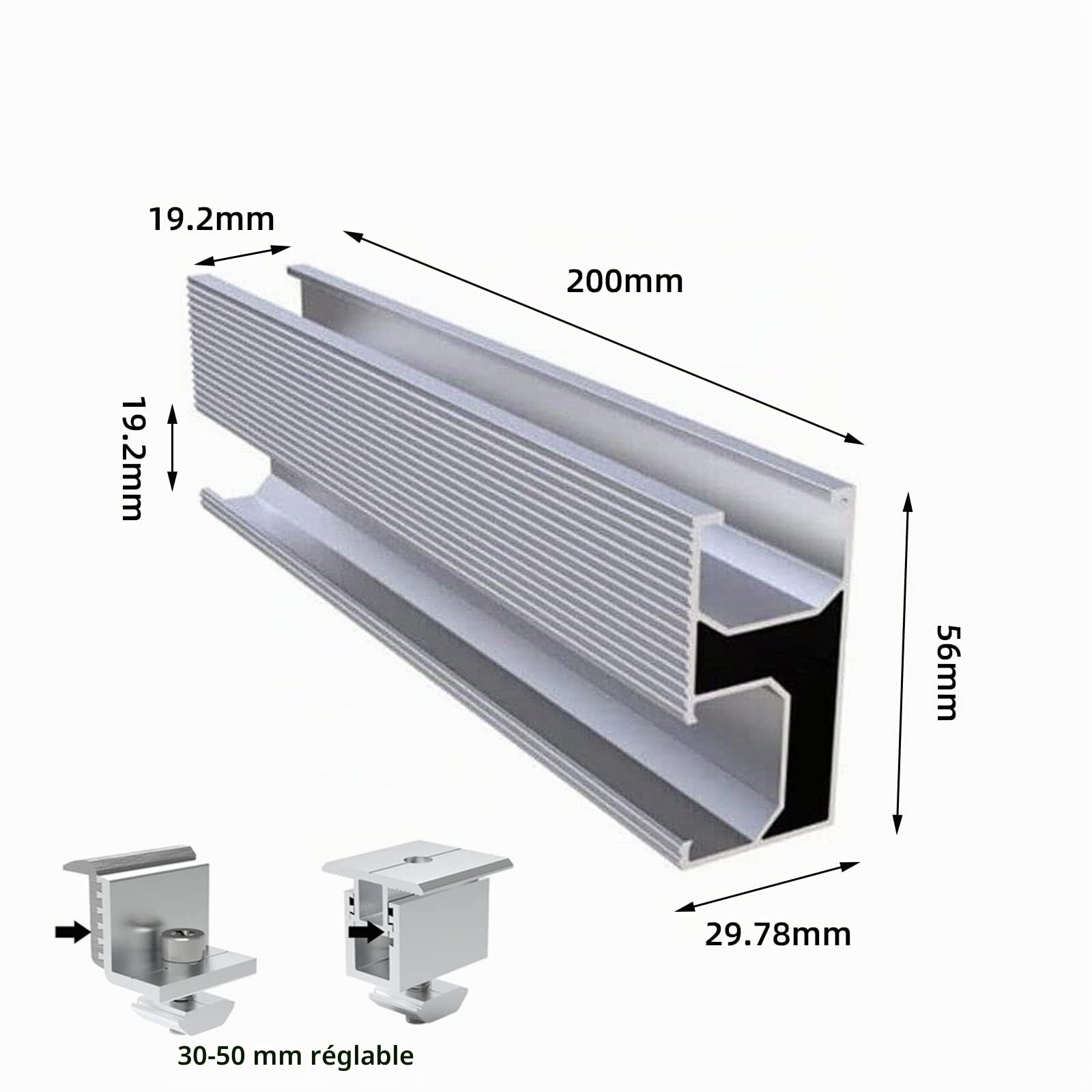 Kit de montage solaire photovoltaïque pour toit de tuiles avec crochets de toit,rail de fixation pour toit de tuiles pour une hauteur de module de 30 à 50 mm (pour 2 modules)