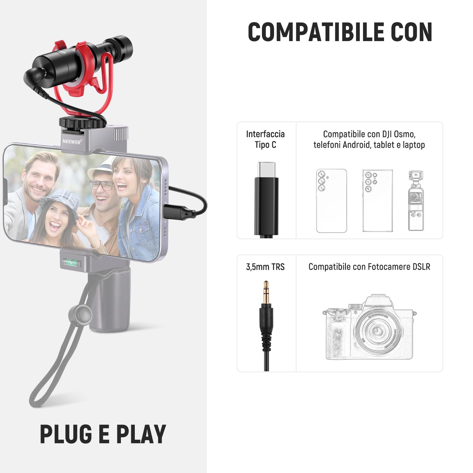 Neewer Microfono Vlog Plug & Play, mini microfono supercardioide 20-20KHz con TRS da 3,5 mm, USB C OTG, supporto antiurto, parabrezza compatibile con tablet Android Mac 16 15 14, Samsung S24, VM10