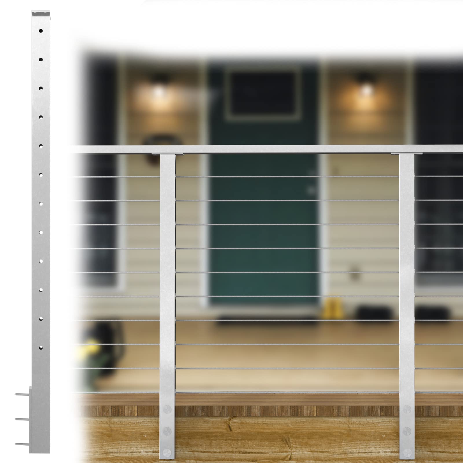 Muzata Cable Railing Post Fascia Side Mount Square Weldless Flat top 42"x2"x2" Stainless Steel Brushed Pre-Drilled Posts Wood Level Deck Balustrade Invisible PF02 LH4L, PT3 PT6 PT5