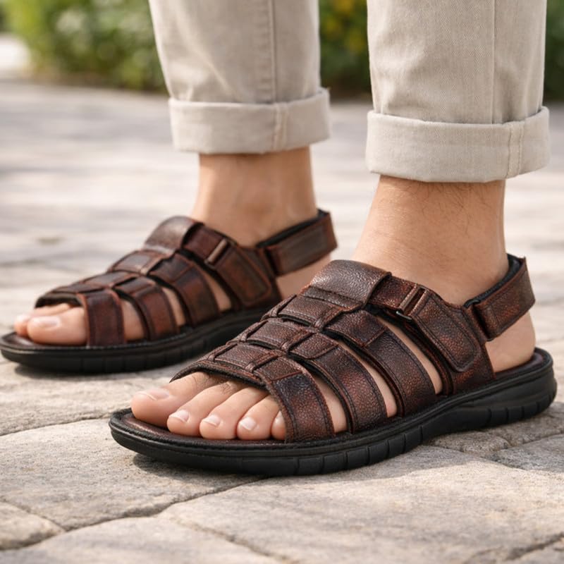 Image of FAUSTO Men Genuine Leather Multi Strap Open Toe Broad Feet Roman Sandals with Adjustable Back Strap | Slip Resistant Lightweight Sole