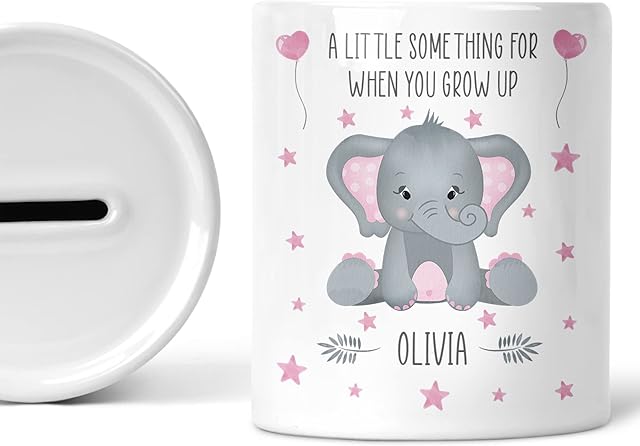 Baby Girl Gift Personalised Piggy Bank For Babies Elephant Decor Newborn Babies Girls Gifts Money Box Custom Name Savings Jar Decor Coin Box Money Bank Nursery Accessories Ceramic Keepsake