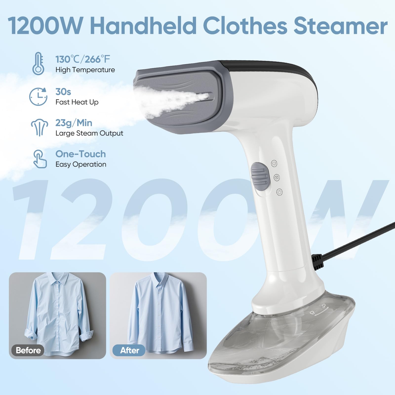 Stiravapore a Mano 1200W, Riscaldamento Rapido 30s, Vapore Continuo 23g/min, Serbatoio 300ml, Portatile per Abbigliamento