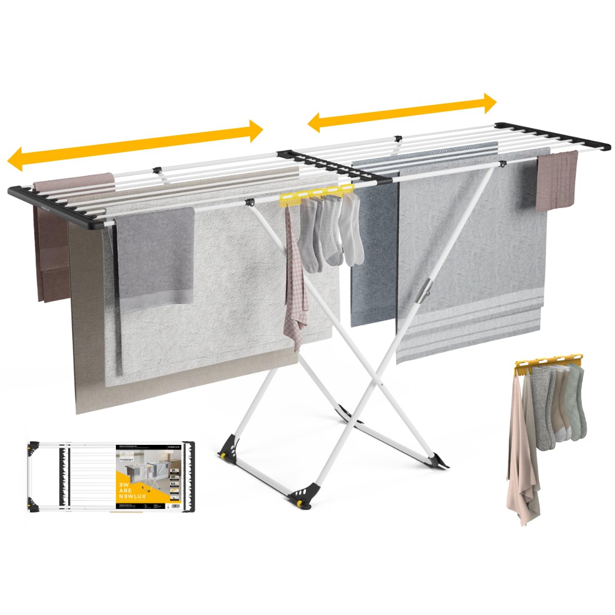 Newlux-​Tendedero Extensible Expansion V25 Telescópico 21m Capacidad (189x57x92,​5cm), Estructura Super Estable, Barras XXL Extra Gruesas. Tendedero Plegable con Ruedas y Soporte para Calcetines, Blanco