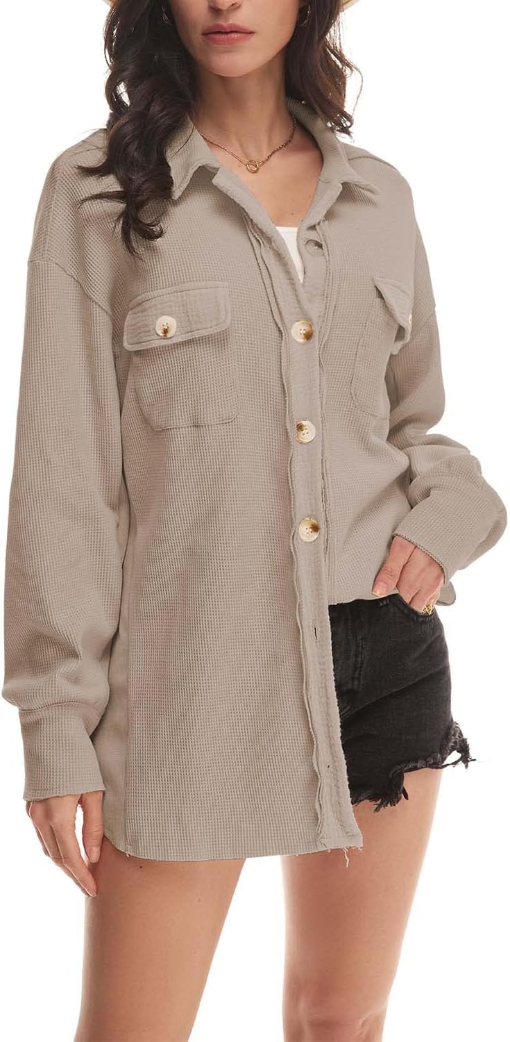 Nirovien Womens Waffle Knit Shacket Oversized Button Down Shirt Jacket Lightweight Spring Outfits Clothes - Image 3