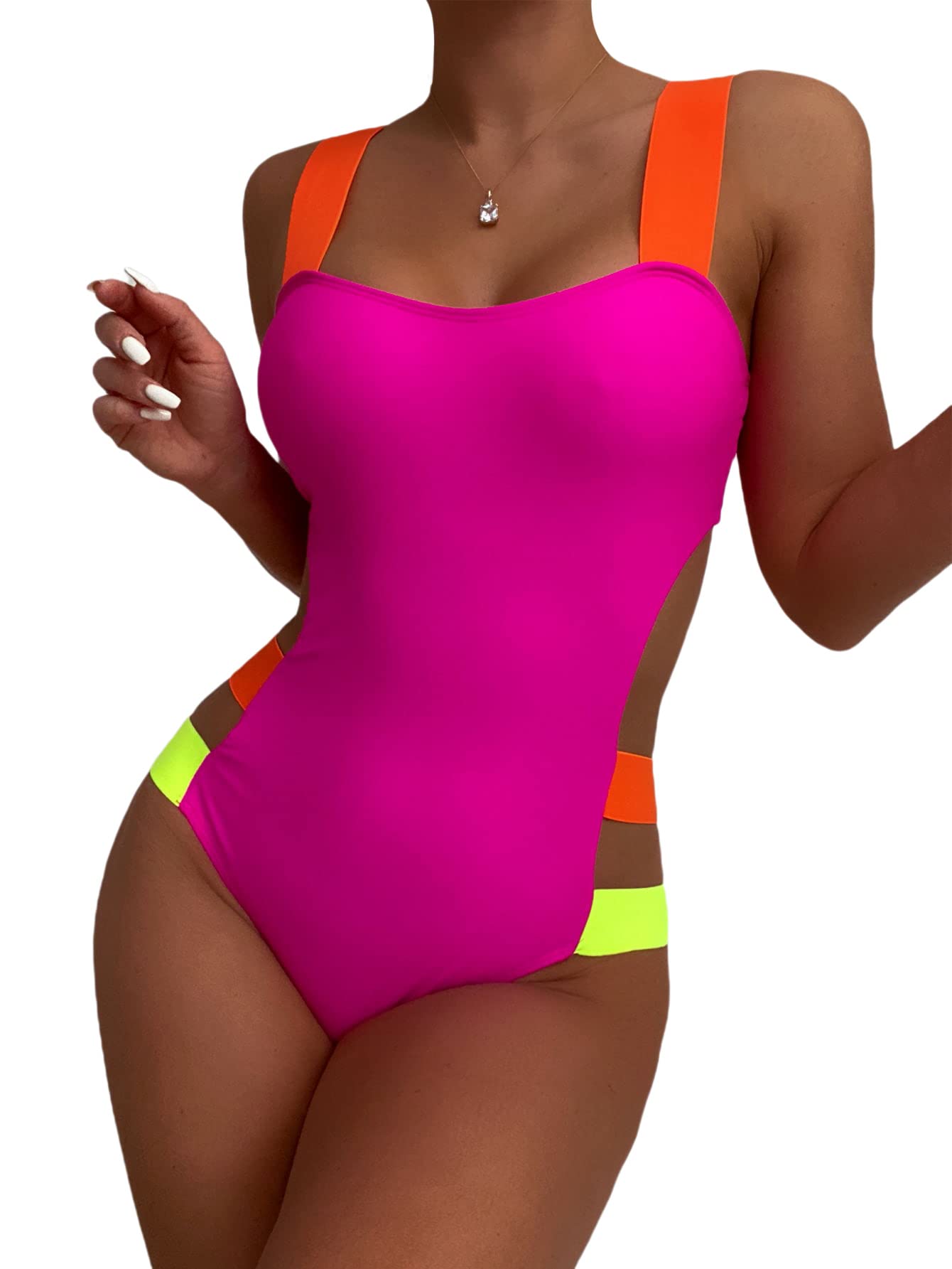 WDIRARAWomen's Color Block Cut Out One Piece Swimsuit Monokini Swimwear