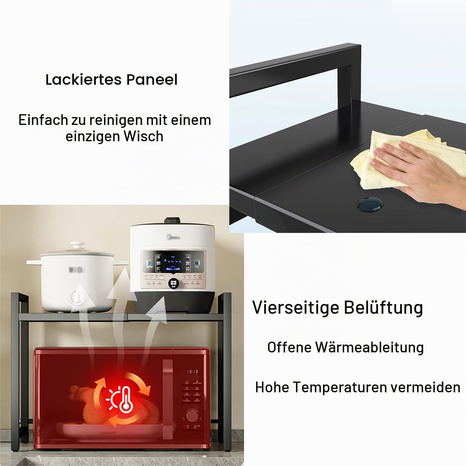 ViWaVee Erweiterbares Mikrowellen Regal 2 Stufig, Mikrowellenregal aus Kohlenstoffstahl, Küchenregal Stehend mit Stäbchenhalter und Schneidebretthalter, Ausziehbar von 40-60cm, Schwarz