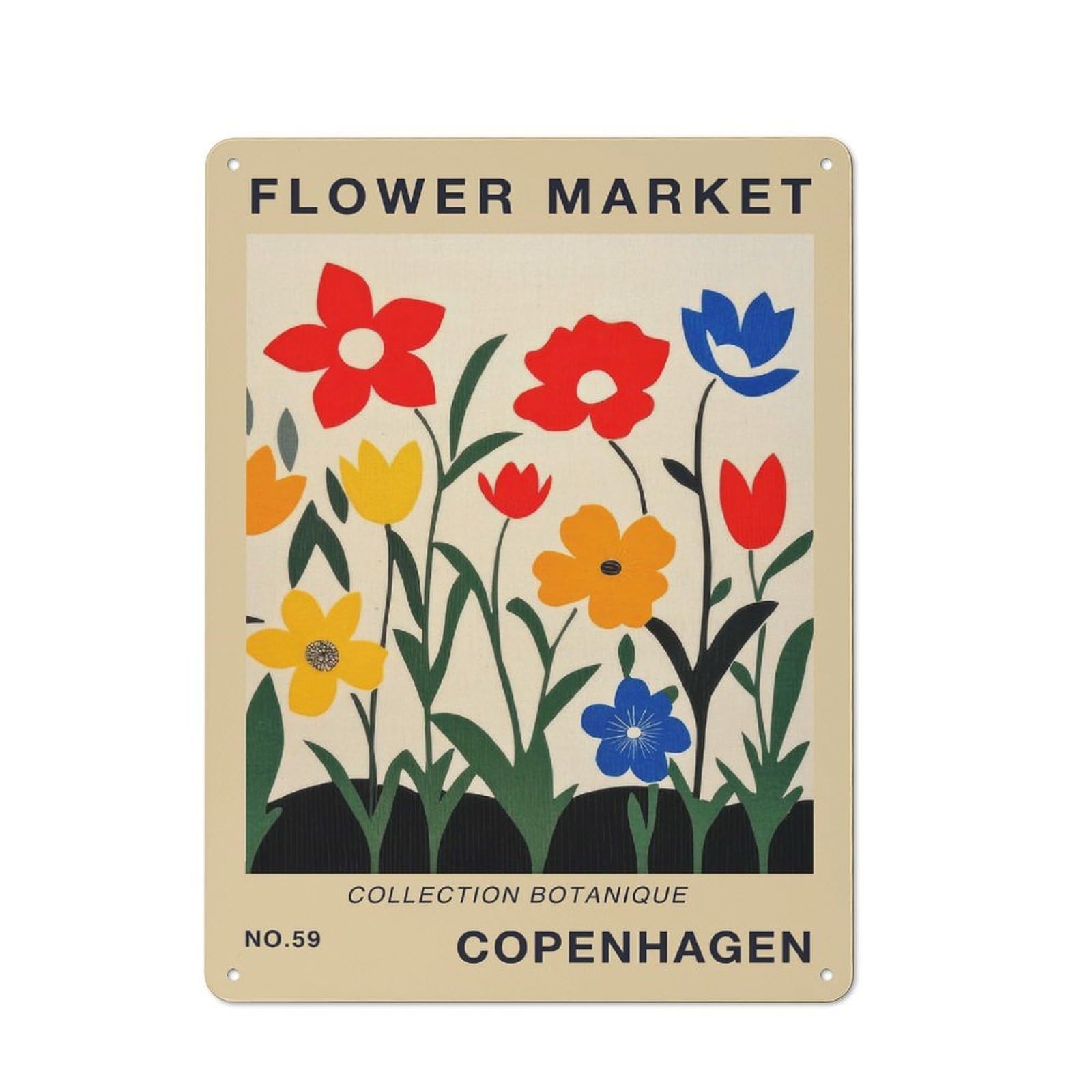Junmoney Style-2 Classic Flower Market Copenhagen Botanical Travel Poster Metal Wall Sign 40X30cm, Pub Wall Decor For Diner, Restaurant, Shed Or Kitchen