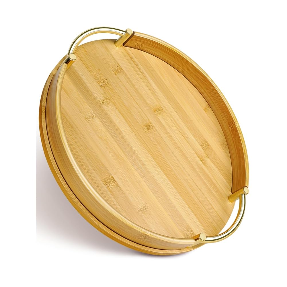 IJSDNVJNDX Coffee Table Tray 14" Round Bamboo Serving Tray with Handles-Breakfast Tray, Decorative Tray, Ottoman Tray, Kitchen