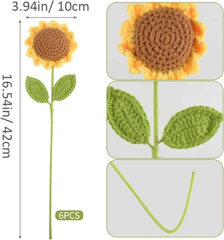 6pcs Crochet Sunflowers with Leaves, Long Stem Handmade Knitted Sunflower Branches