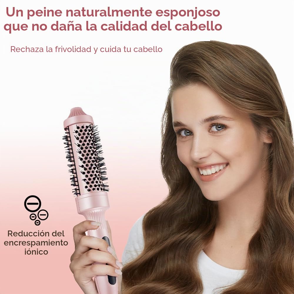 Thermal Brush Cepillo Térmico Redondo, Cepillo Rizador Calentado de 38mm, Peine Alisador de Cabello, PTC Redondo Cepillo de Pelo Caliente para Rizado y Cabello Liso, 100-230 ℃, Cable 2M, Doble Voltaje