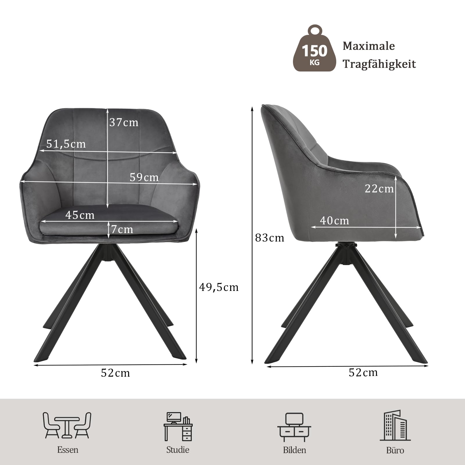 Esszimmerstühle drehbar 2er Set Grau Armlehnenstuhl Polsterstuhl drehstuhl Esszimmer drehstühle aus Samt Küchenstuhl mit Metallbeine für Wohnzimmer Esszimmer