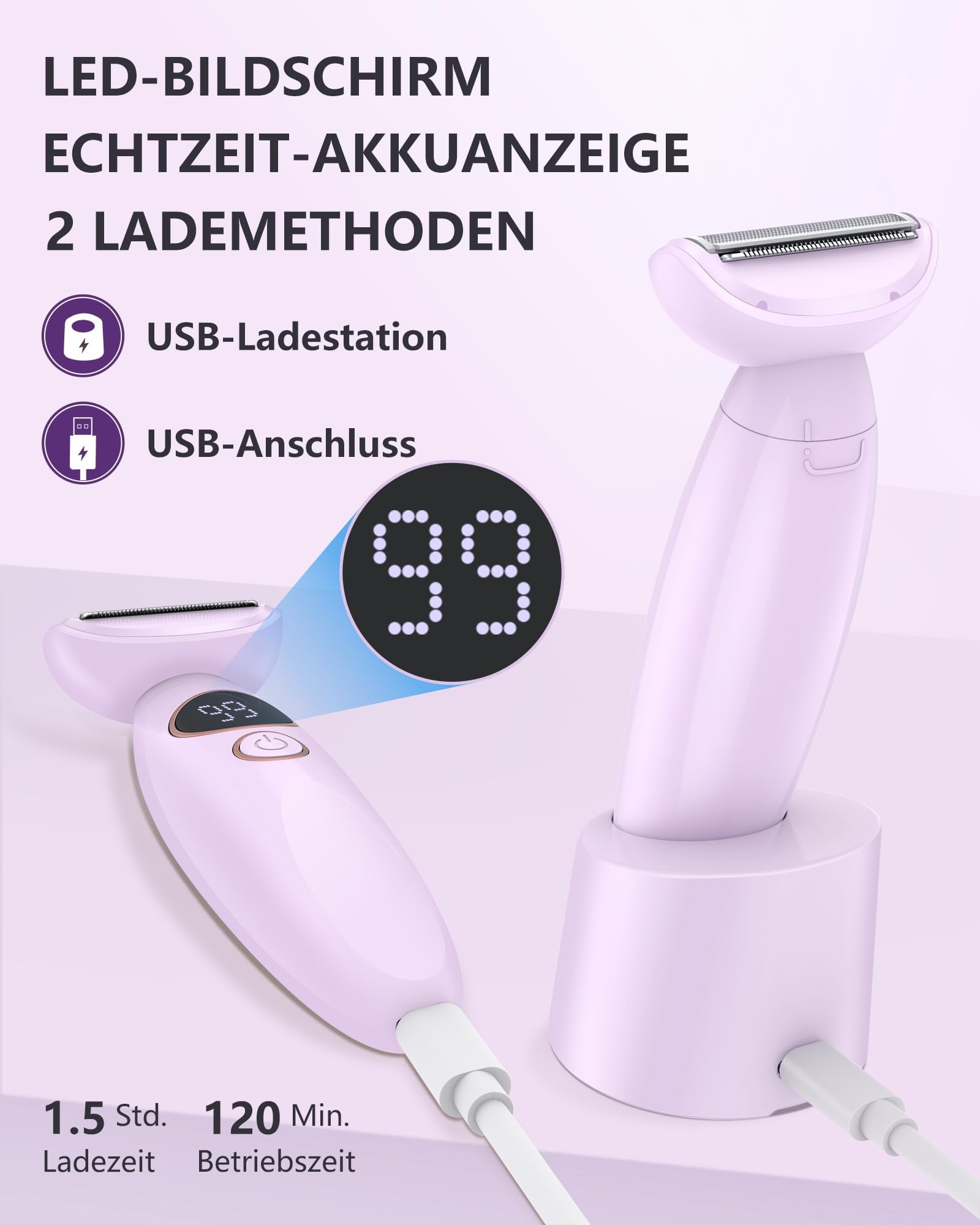 Afeitadoras para mujer, depiladora facial 3 en 1, recortadora de bikini para mujer con pantalla LED de batería, maquinilla de afeitar eléctrica húmeda y seca, 120 minutos de uso, para piernas en las