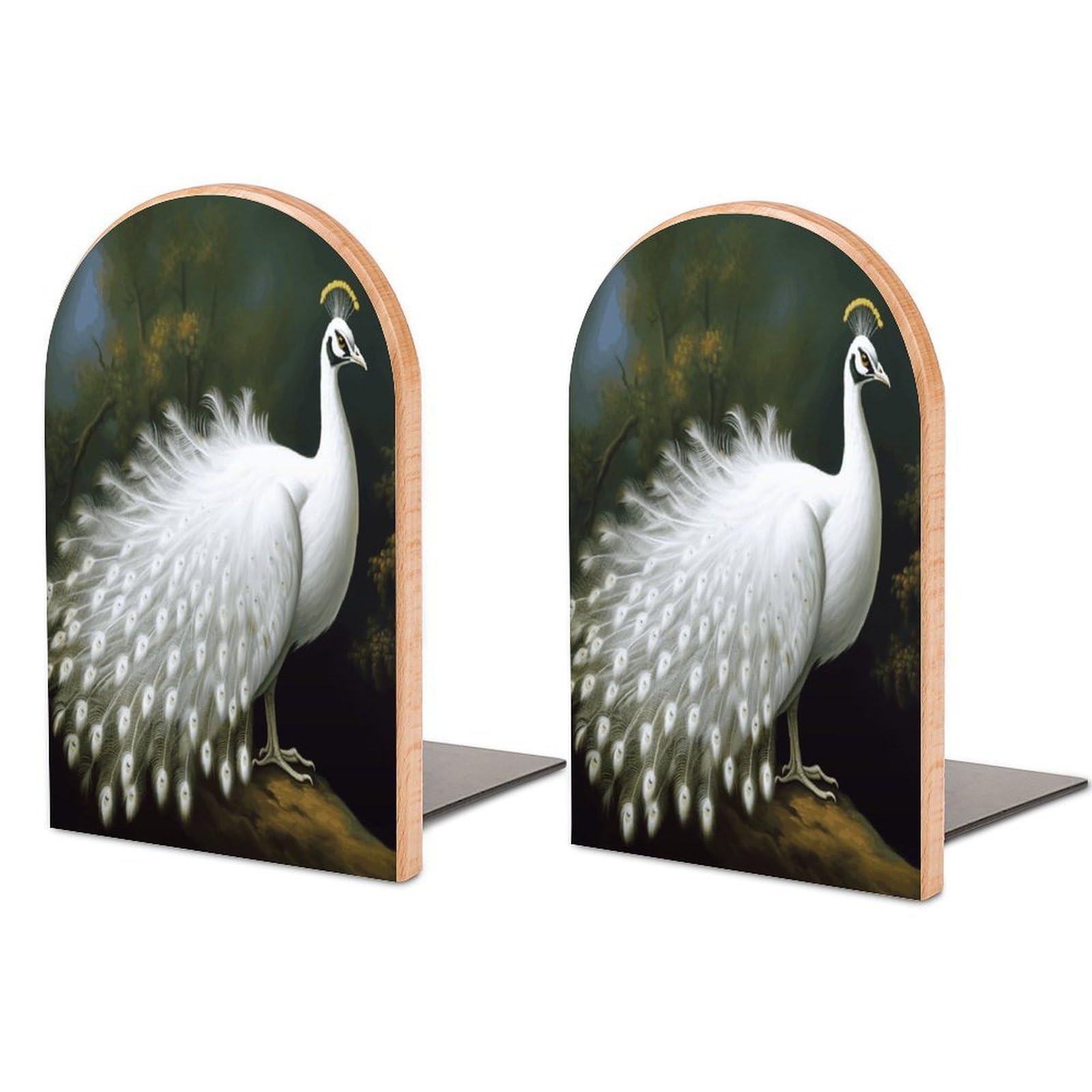 White Peacock Bookends 1 Pair Heavy Duty Book Ends for Shelves Non-Skid Bookend Supports Wooden Book Holders with Metal Base Desk Organizers Books Storage to Hold Books