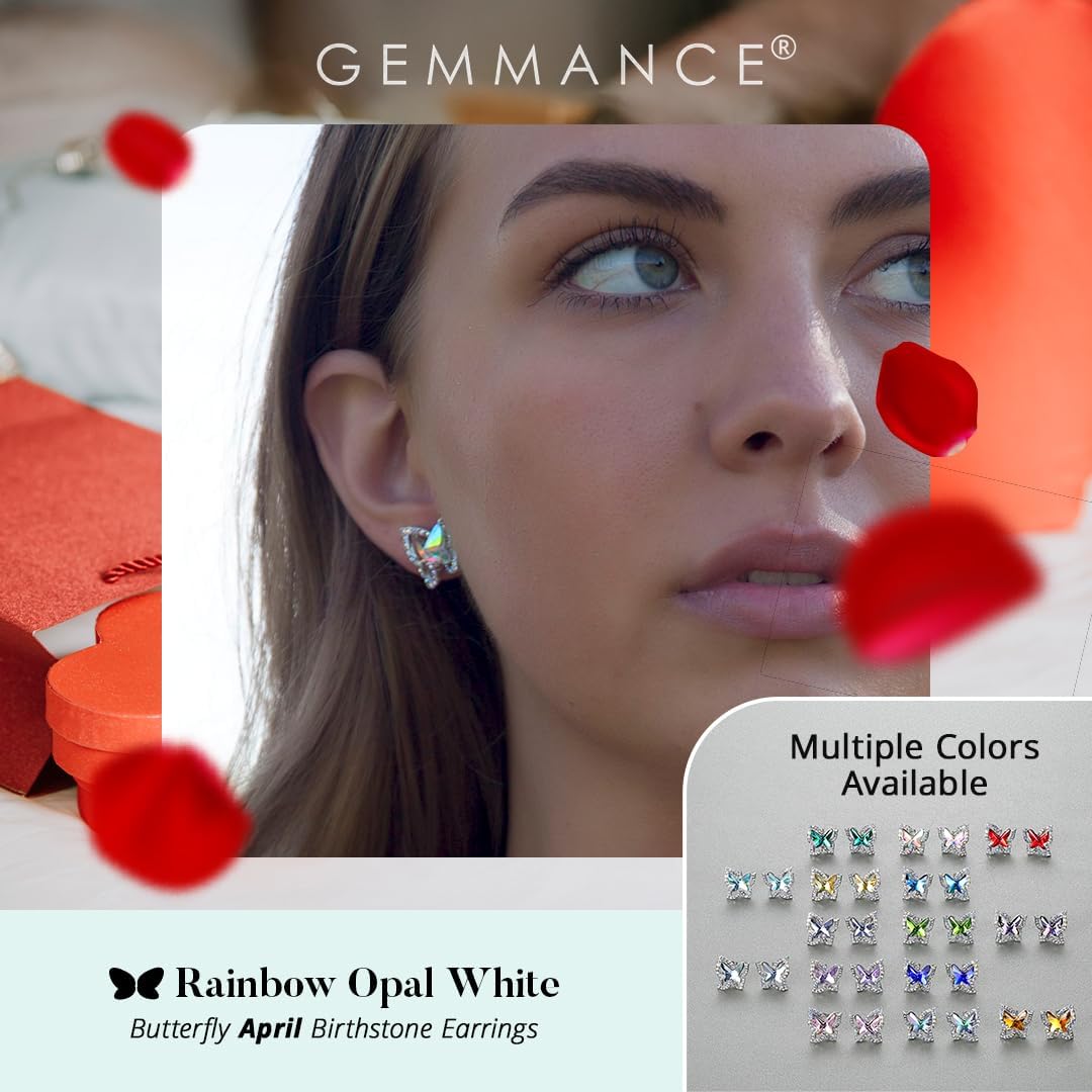 Valentine's Day Gift For Women Butterfly Crystal Stud Earrings with Premium Birthstone, Silver-Tone - Image 2