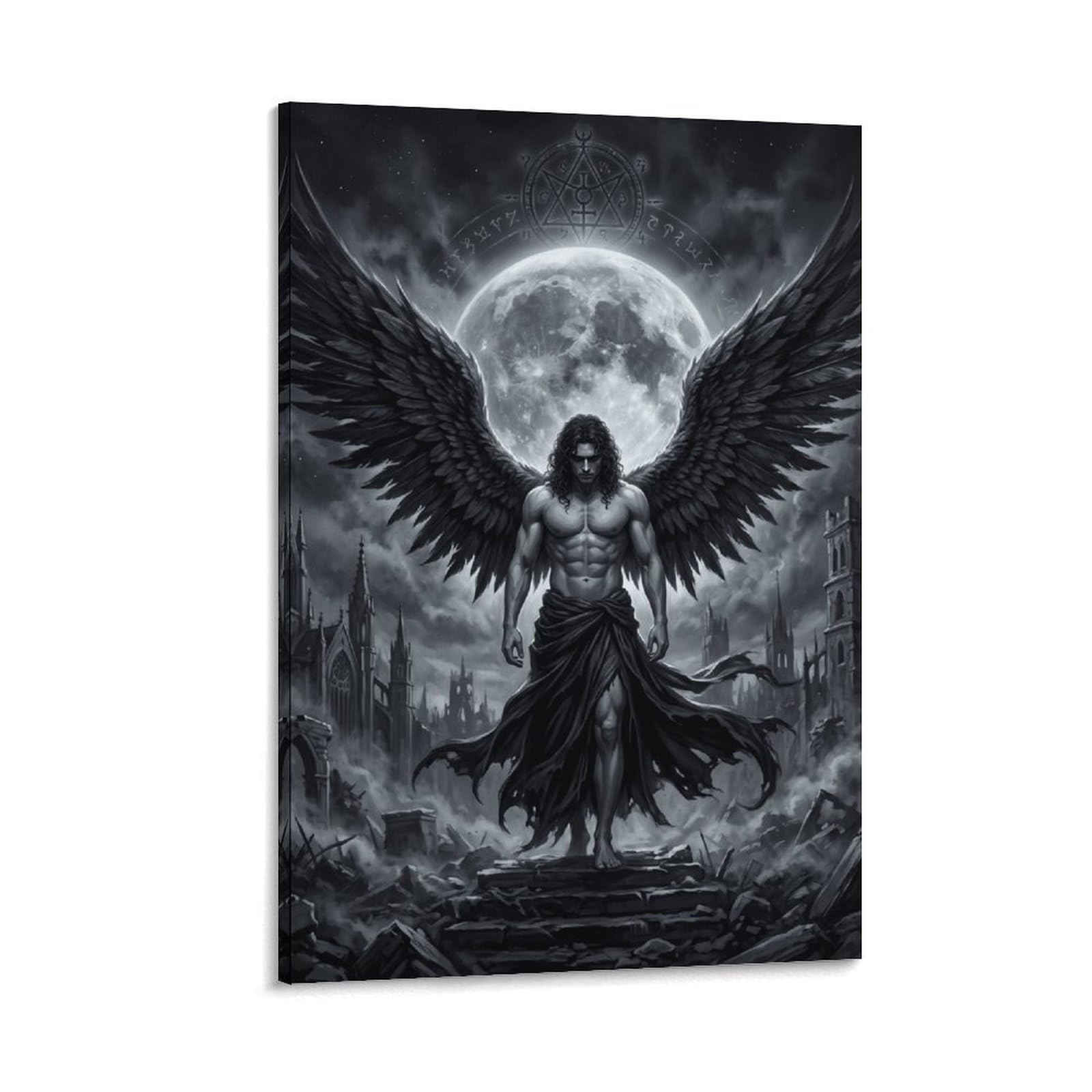 W7C8U2X3 Dark Angel Lucifer Ruins Moon Canvas Wall Art, Gothic Fantasy