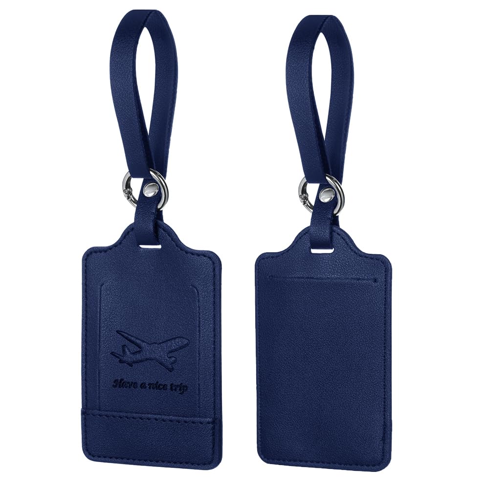2 Pack Luggage Tags for Suitcases – PU Leather Travel ID Bag Tags with Privacy Cover – Travel Essentials for Luggage, Backpacks, Carry-Ons (Blue)