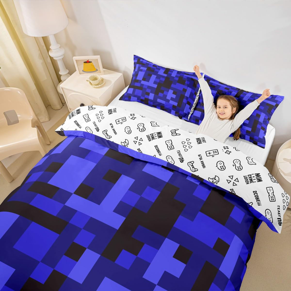 Pixelated Blocks Girls Bedding Set Single Size, Army Camouflage Miners Gamer Duvet Cover Set,Geometric Grid Patchwork Quilt Cover(No Comforter),Black Dark Blue Room Decor,1 Pillowcase — image 1