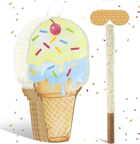 Piñata de helado con forma de cono de helado con palo para niños, cumpleaños, verano, caramelo, tema de niñas, baby shower, playa, boda, fiesta,