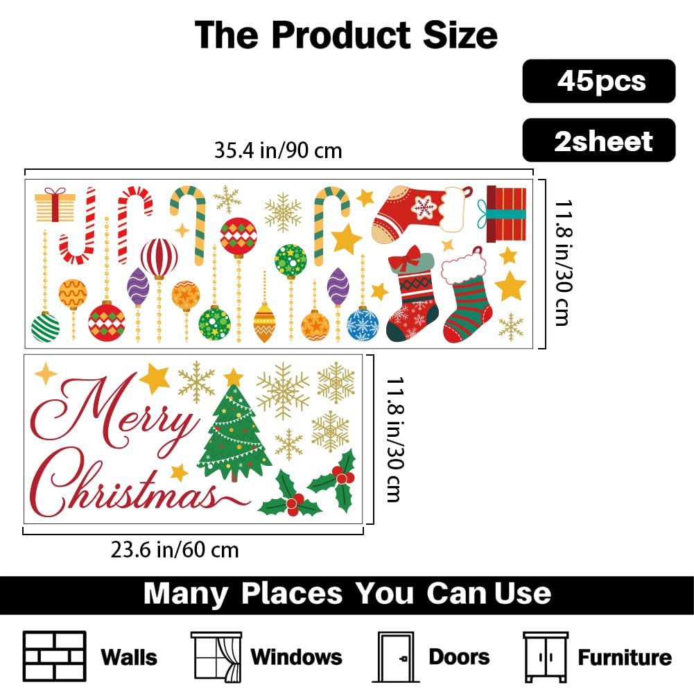 PLIGREAT 2 Sheets Christmas Theme Wall Stickers Bells Snowflake Merry Christmas Quote Wall Art Decals Removable Winter Xmas Stickers for Christmas Party Nursery Living Room Home Decor - Image 4