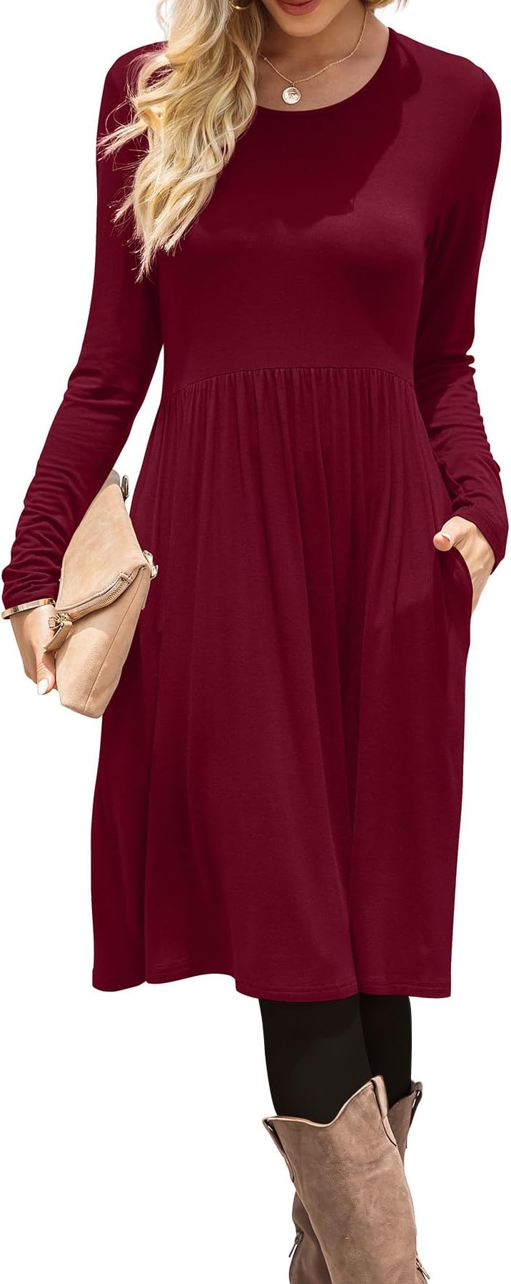 Women Casual Long Sleeve Dresses Empire Waist Knee Length Loose Dress with Pockets